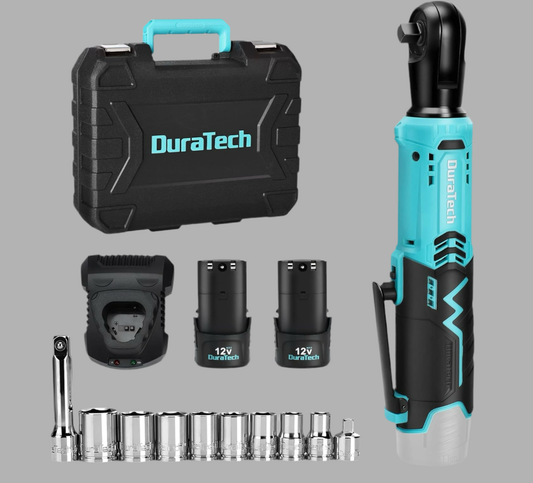 DURATECH 12V 3/8” Cordless Electric Ratchet Wrench Set w/ 2PCS 2.0Ah Li-Ion Battery, Fast Charger, 8PCS Sockets, Extension Bar, Adapter