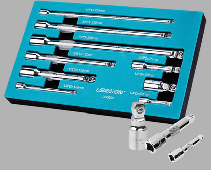 LIBRATON 9PC Wobble Extension Set w/ EVA Storage Tray - 1/4'', 3/8'', 1/2''
