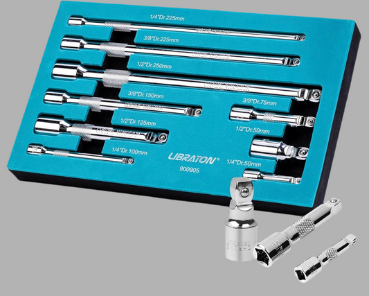 LIBRATON 9PC Wobble Extension Set w/ EVA Storage Tray - 1/4'', 3/8'', 1/2''