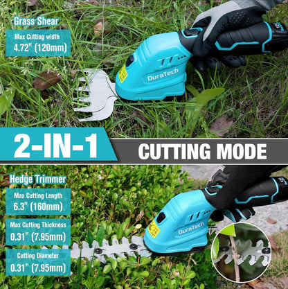 DURATECH 12V 2-in-1 Cordless Hedge Trimmer w/ 2.0Ah Li-Ion Battery, Charger & Storage Bag