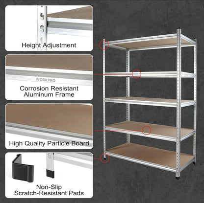 WORKPRO 5-Tier Adjustable Storage Shelving Unit, Heavy Duty Aluminum Alloy Shelves, 2750 lbs Load Capacity (Total)