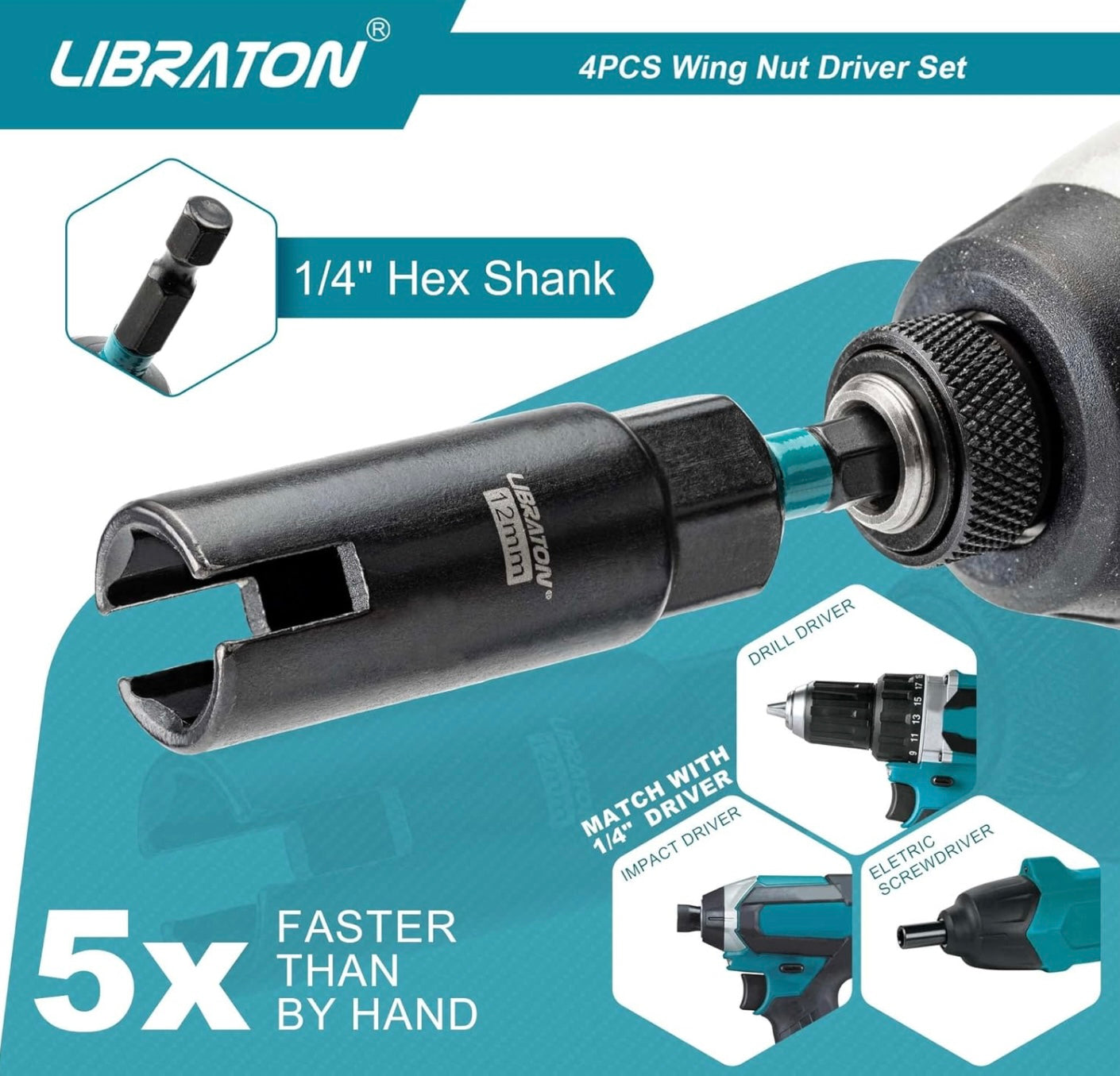 Libraton 4PC Wing Nut Drive Bit w/ EVA Storage (9, 12, 15, 18mm)