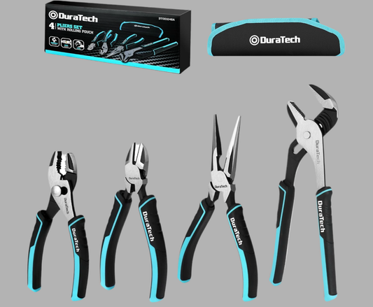 DURATECH 4PC Pliers Set w/ Rolling Pouch (10" Groove Joint Pliers, 8" Long Needle Nose, 6" Slip Joint, 6" Diagonal)