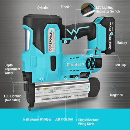 DURATECH 20V 2-in-1 Cordless Brad Nailer w/ 2.0Ah Rechargeable Battery, 1H Quick Charger, 1000 Staples, 1000 Nails, Carrying Case