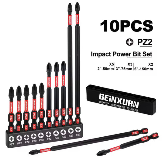 GEINXURN 10PC Impact Driver Bit Set - PZ2 w/ Organizer Sleeve