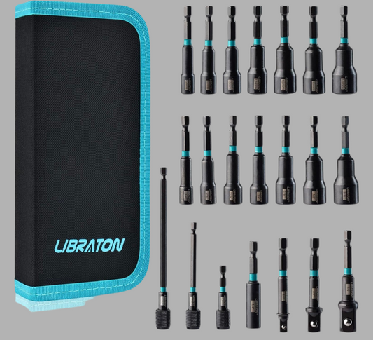 Libraton 21PCS 1/4” Magnetic Nut Driver Set - Metric and SAE w/ Impact Socket Adapters, Bit Holder, Quick-Release Extensions, Storage Bag