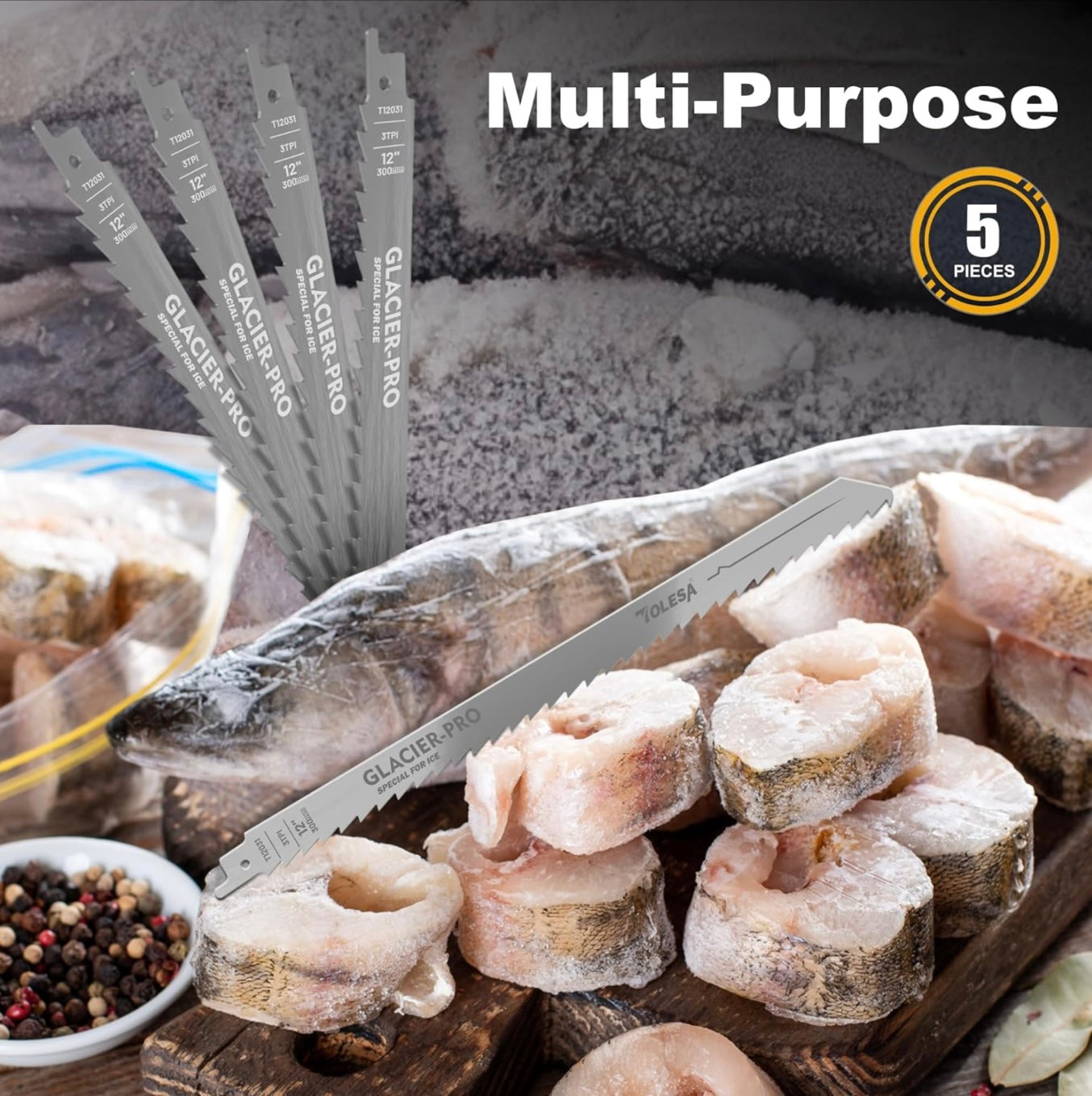 TOLESA 12-Inch Frozen Meat Bone Food Reciprocating Saw Blades 5-Pack, 3 TPI Stainless Steel Reciprocating Saw Blade for Splitting/Processing