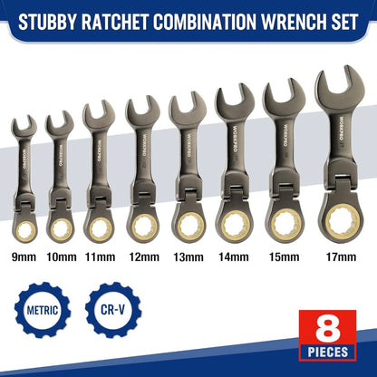 WORKPRO 8PC Flex Head Stubby Ratcheting Combination Wrench Set, Metric 9, 10, 11, 12, 13, 14, 15, 17 mm, w/ Rolling Pouch