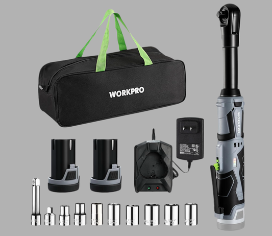 WORKPRO 12V 40 Ft-lbs Power Ratchet Wrench Kit with 10-Piece Socket Accessory Set, 1-Hour Fast Charger, 2.0Ah Lithium-Ion Batteries