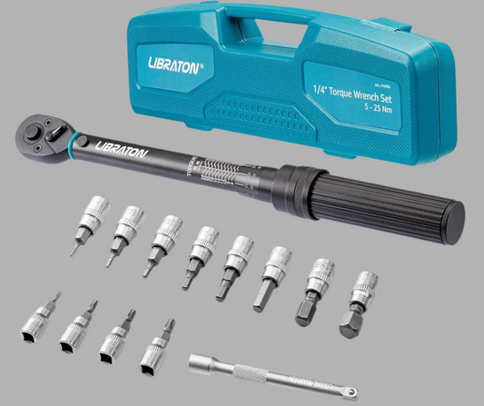 LIBRATON 14PC 1/4” Drive Click Torque Wrench Set, 5-25Nm w/ Hex, Torx, Star Bit Sockets, Extension Bar