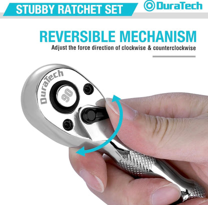 DURATECH 3PCS Stubby Ratchet Wrench Set, 1/4", 3/8", 1/2" Drive w/ EVA Organizer