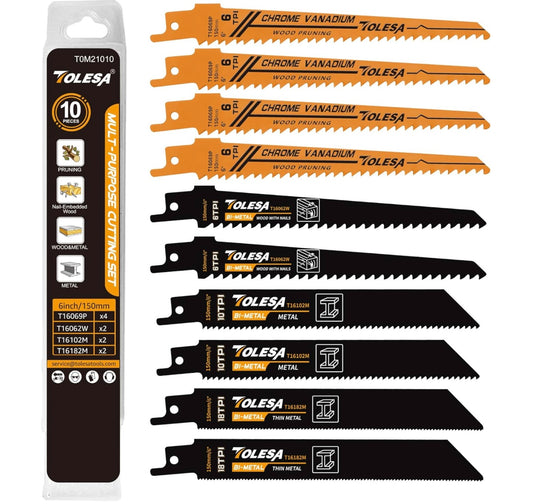 TOLESA 10PC 6” Metal/Woodcutting 6, 10, 18TPI Reciprocating Saw Blades
