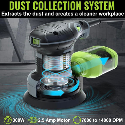 WORKPRO 300W 5” Random Orbit Sander w/ Dust Collector, 15pcs Sandpapers