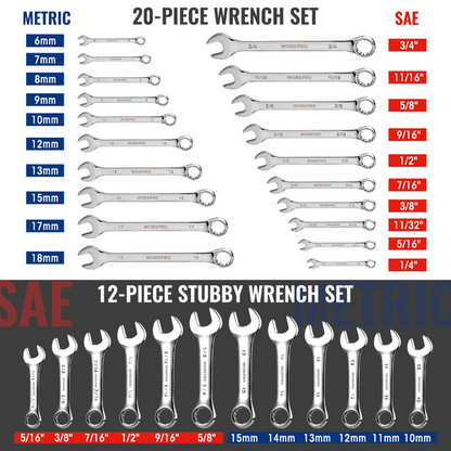WORKPRO 32Pc SAE/Metric Combination Wrench Set includes 12Pc Stubby Set