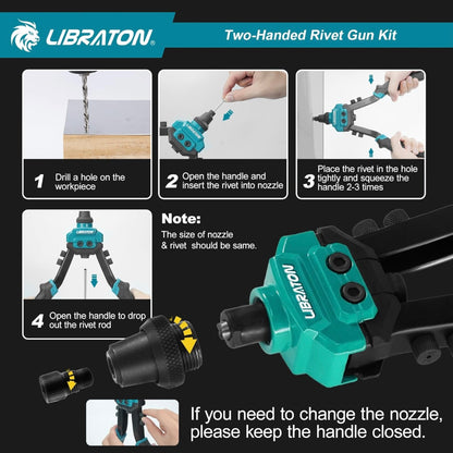 LIBRATON Heavy-Duty Two-Handed Pop Rivet Gun Kit w/ 250 Aluminum Rivets in Box, 5 Tool-Free Interchangeable Nozzles, 5 HSS Drill Bits