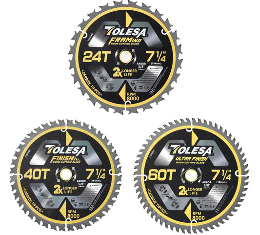 TOLESA 3PC 7.25” Circular Saw Blade 24/40/60 Teeth with 5/8" Arbor, ATB Carbide Teeth