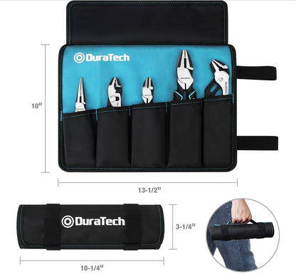 DURATECH 5PC Pliers Set, 6" Long Nose, 6” Slip Joint, 6” Diagonal Cutting, 8" Linesman, 8” Groove Joint Pliers w/ Oxford Rolling Pouch