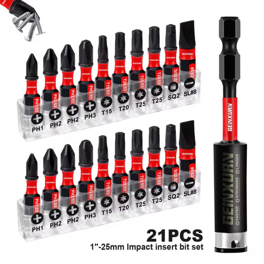 GEINXURN 21PC 1” Impact Driver Bit Set w/ 3” Bit Holder Extension