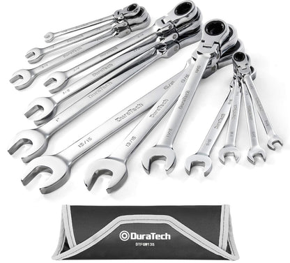DURATECH 13PC Flex-Head Ratcheting Combination Wrench Set, SAE, 5/16'' to 1'', w/ Rolling Pouch