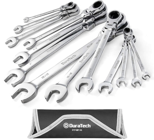 DURATECH 13PC Flex-Head Ratcheting Combination Wrench Set, SAE, 5/16'' to 1'', w/ Rolling Pouch