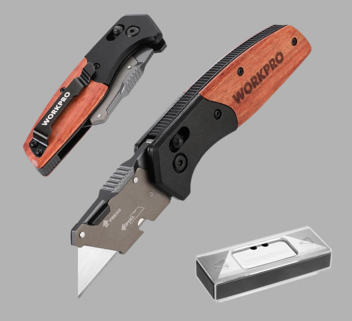 WORKPRO Folding Utility Knife w/ Wood Handle + Axis Lock