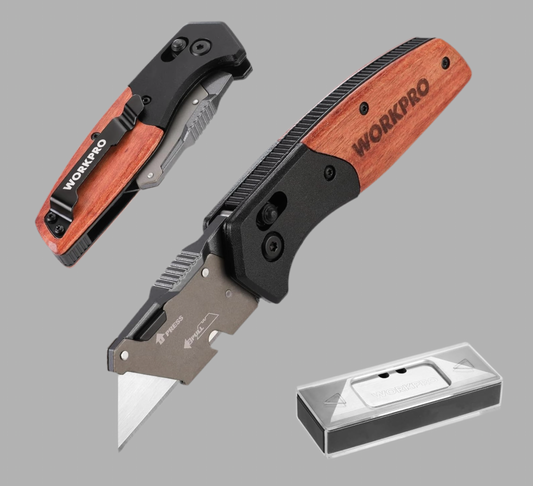 WORKPRO Folding Utility Knife w/ Wood Handle + Axis Lock