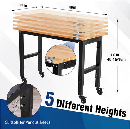 WORKPRO 48"X22" Adjustable Heavy-Duty Workbench w/ Wheels, Rubber Wood Top, Power Outlets, 1000lbs Stationary Load Capacity