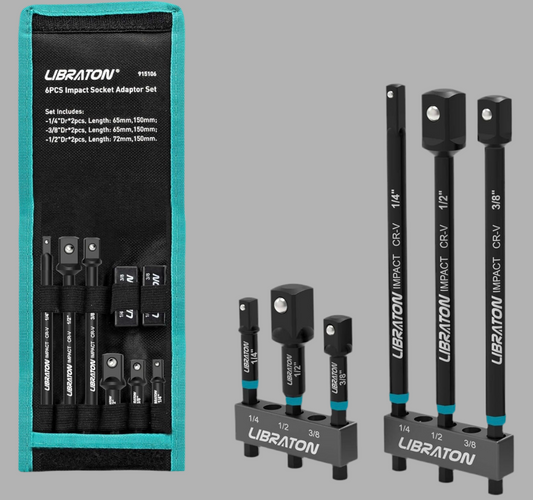 Libraton 6PC Impact Grade Socket Adapter Extension Set w/ Storage Bag - 1/4”, 3/8”, 1/2” (3” & 6”)