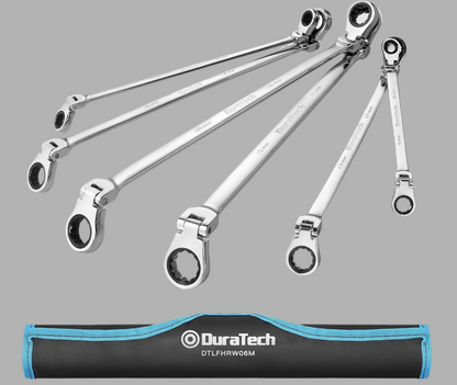 DURATECH 6PC Extra Long Flex-Head Double Box End Ratcheting Wrench Set, Metric 8-19 mm, w/ Roll-Up Pouch