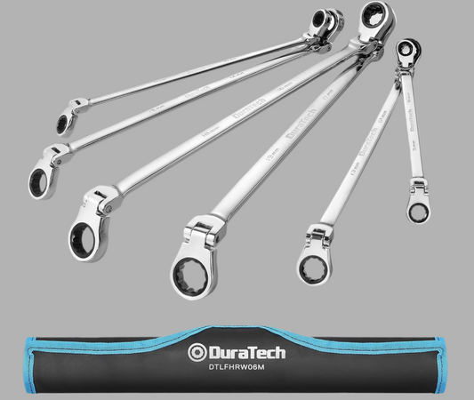 DURATECH 6PC Extra Long Flex-Head Double Box End Ratcheting Wrench Set, Metric 8-19 mm, w/ Roll-Up Pouch
