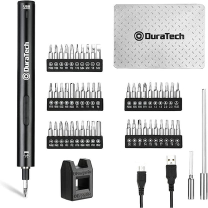DURATECH 55PC Precision Electric Screwdriver Set w/ 51 Piece S2 Steel Bits, LED Work Light, Storage Box, Bit Holders, USB Type-B Cable