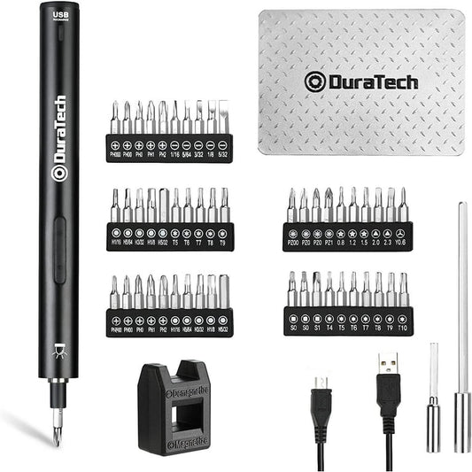 DURATECH 55PC Precision Electric Screwdriver Set w/ 51 Piece S2 Steel Bits, LED Work Light, Storage Box, Bit Holders, USB Type-B Cable