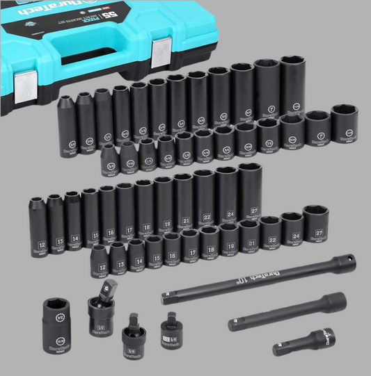 DURATECH 55PC 1/2” Drive SAE&Metric Socket Set w/ Extension Bars, Flip Socket, Adapters
