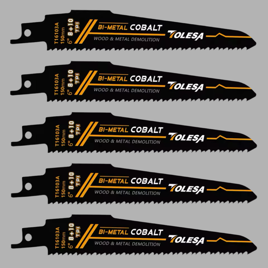 TOLESA 5PC 6” Wood & Metal Demolition 8+10TPI Bi-Metal Cobalt Reciprocating Saw Blades