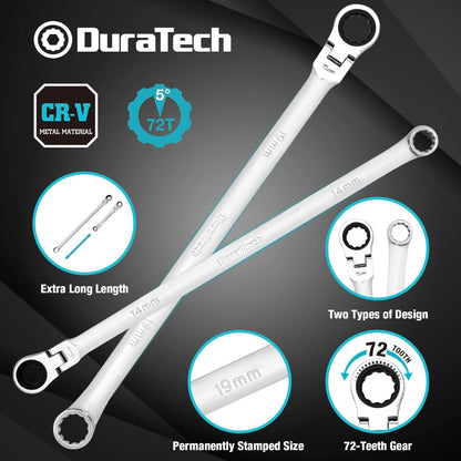 DURATECH 27PC Extra Long Flex Head Double Box End Ratcheting Wrench Set w/ Replacement Heads, Adapers