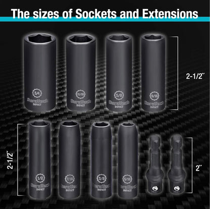 DURATECH 10PC 3/8" Drive SAE Deep Impact Socket Set, (5/16", 3/8", 7/16", 1/2", 9/16", 5/8", 11/16", 3/4"), 1/4" Hexagon Extension Bars
