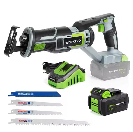 WORKPRO 20V Cordless Reciprocating Saw w/ 4 Blades, 4.0Ah Battery & Charger