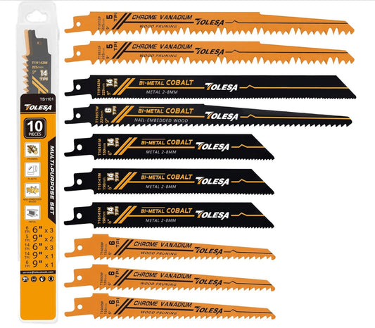 TOLESA 10PC 6” + 9” Metal/Woodcutting 5, 6, 14TPI Reciprocating Saw Blades