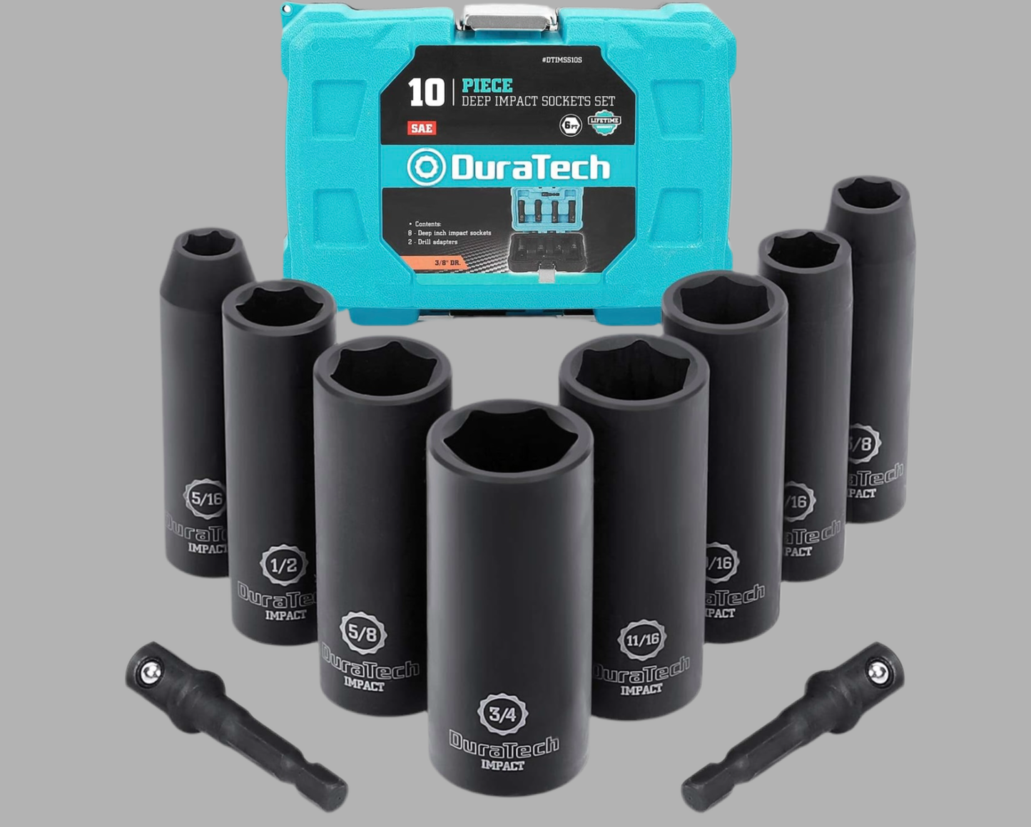 DURATECH 10PC 3/8" Drive SAE Deep Impact Socket Set, (5/16", 3/8", 7/16", 1/2", 9/16", 5/8", 11/16", 3/4"), 1/4" Hexagon Extension Bars