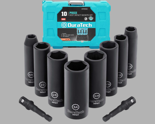 DURATECH 10PC 3/8" Drive SAE Deep Impact Socket Set, (5/16", 3/8", 7/16", 1/2", 9/16", 5/8", 11/16", 3/4"), 1/4" Hexagon Extension Bars