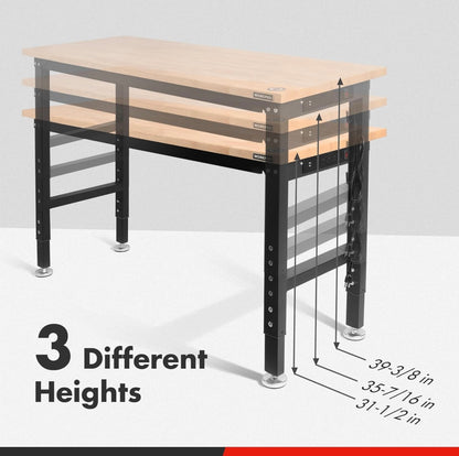 WORKPRO 48" Adjustable Heavy-Duty Workbench w/ Power Outlets, Rubber Wood Top, 2000lbs Load Capacity