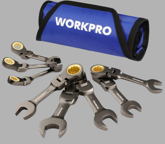 WORKPRO 8PC Flex Head Stubby Ratcheting Combination Wrench Set, Metric 9, 10, 11, 12, 13, 14, 15, 17 mm, w/ Rolling Pouch
