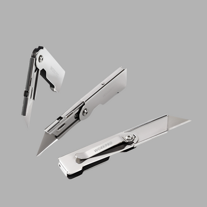 WORKPRO 3-Pack Mini Quick Change Folding Pocket Utility Knife w/ Belt Clip Set, Stainless Steel