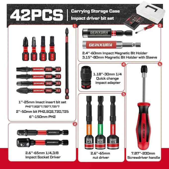 GEINXURN 42PC Impact Bit Set w/ Socket Adapters, Nut Drivers, Screwdriver Handle, Bit Holders