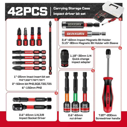 GEINXURN 42PC Impact Bit Set w/ Socket Adapters, Nut Drivers, Screwdriver Handle, Bit Holders