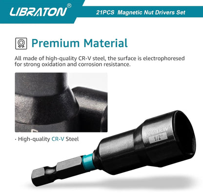 Libraton 21PCS 1/4” Magnetic Nut Driver Set - Metric and SAE w/ Impact Socket Adapters, Bit Holder, Quick-Release Extensions, Storage Bag