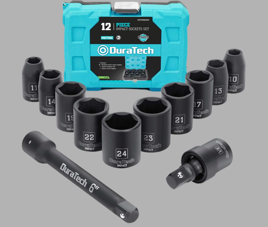 DURATECH 12PC 1/2” Drive Impact Socket Set w/ 6” Impact Extension Bar, Impact Swivel Adapter, (10,11,13,14,17,19,21,22,23,24mm)