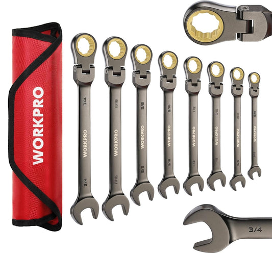 WORKPRO 8-piece Flex-Head Ratcheting Combination Wrench Set w/ Organizer Bag, SAE 5/16-3/4 in