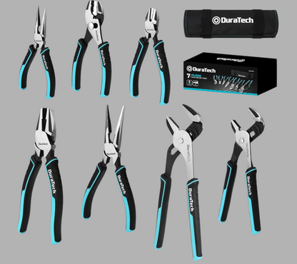DURATECH 7PC Pliers Set w/ Rolling Pouch, 8”/10” Groove Joint Pliers, 6”/8” Long Needle Nose, 8" Linesman, 6" Slip Joint, 6" Diagonal