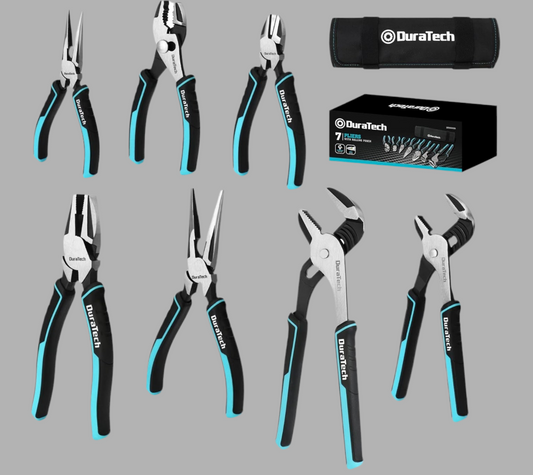 DURATECH 7PC Pliers Set w/ Rolling Pouch, 8”/10” Groove Joint Pliers, 6”/8” Long Needle Nose, 8" Linesman, 6" Slip Joint, 6" Diagonal